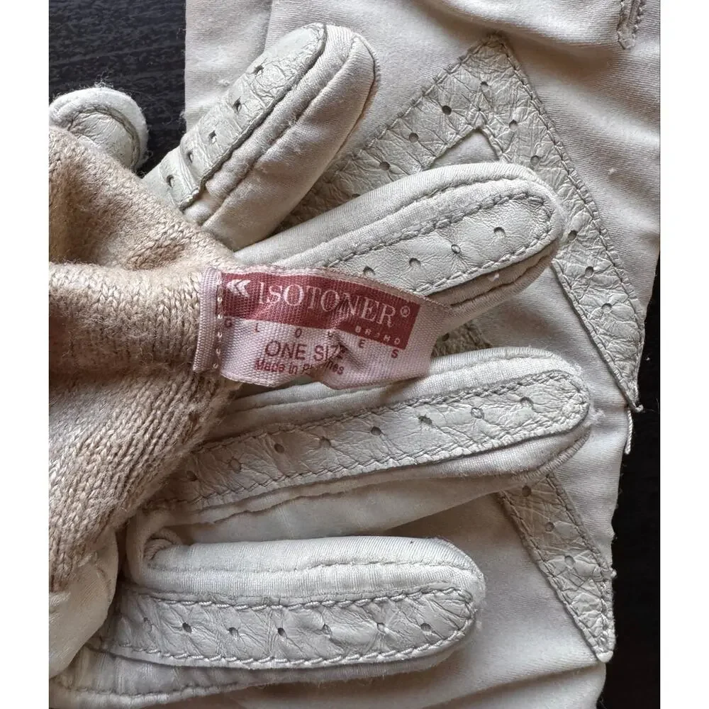 Vintage 80s Isotoner Beige Bone Leather Driving Gloves